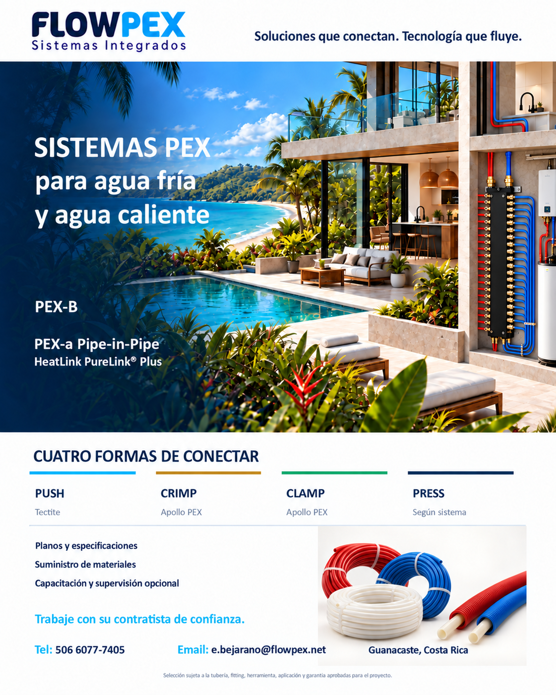 Casa de playa con sistema PEX, manifold de 36 puertos y tuberías rojas y azules ordenadas
